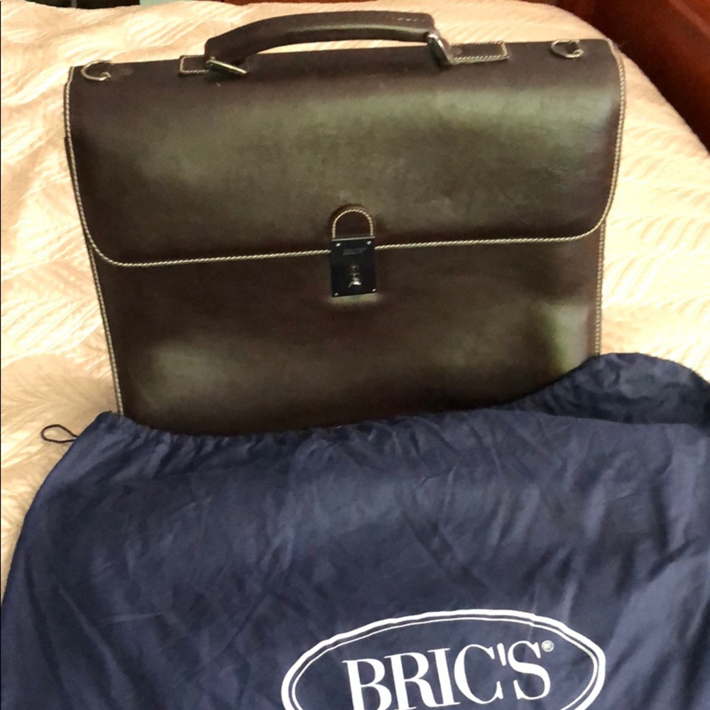 Bric’s dark brown leather briefcase, laptop bag.